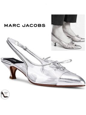 MARC JACOBS Women's Slingback Kitten-Heel Pumps Silver Clear Pointed Toe Shoes